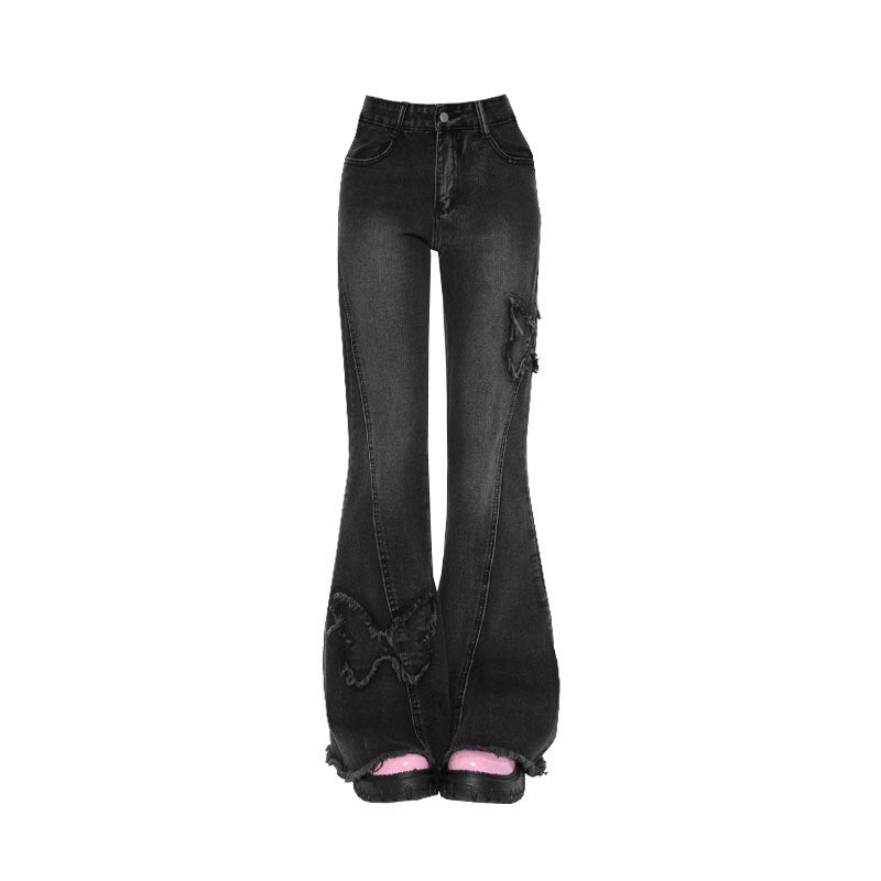 Vintage Embroidered Butterfly High-Waist Denim Jeans Straight & Wide Leg Pants