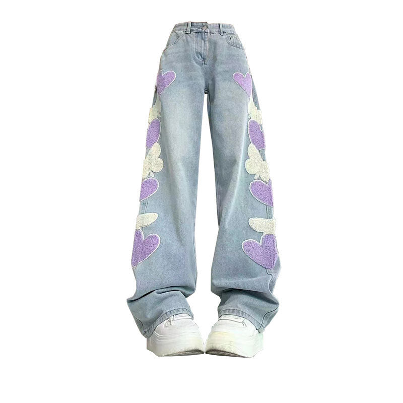 Vintage Embroidered Butterfly High-Waist Denim Jeans Straight & Wide Leg Pants