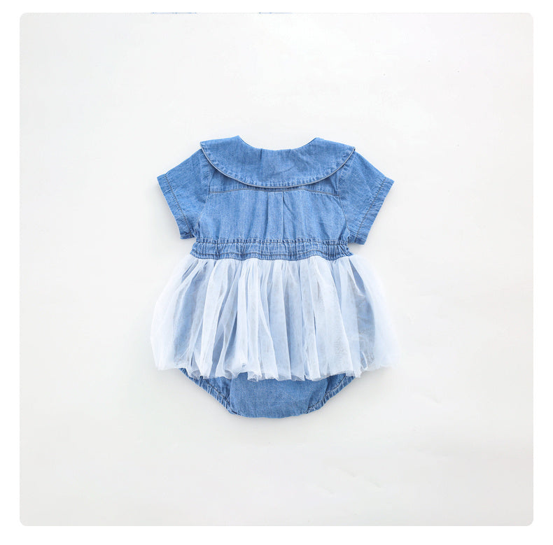 Barboteuse Bébé Fille en Jean de Coton Bleu Clair, Manches Courtes, Été