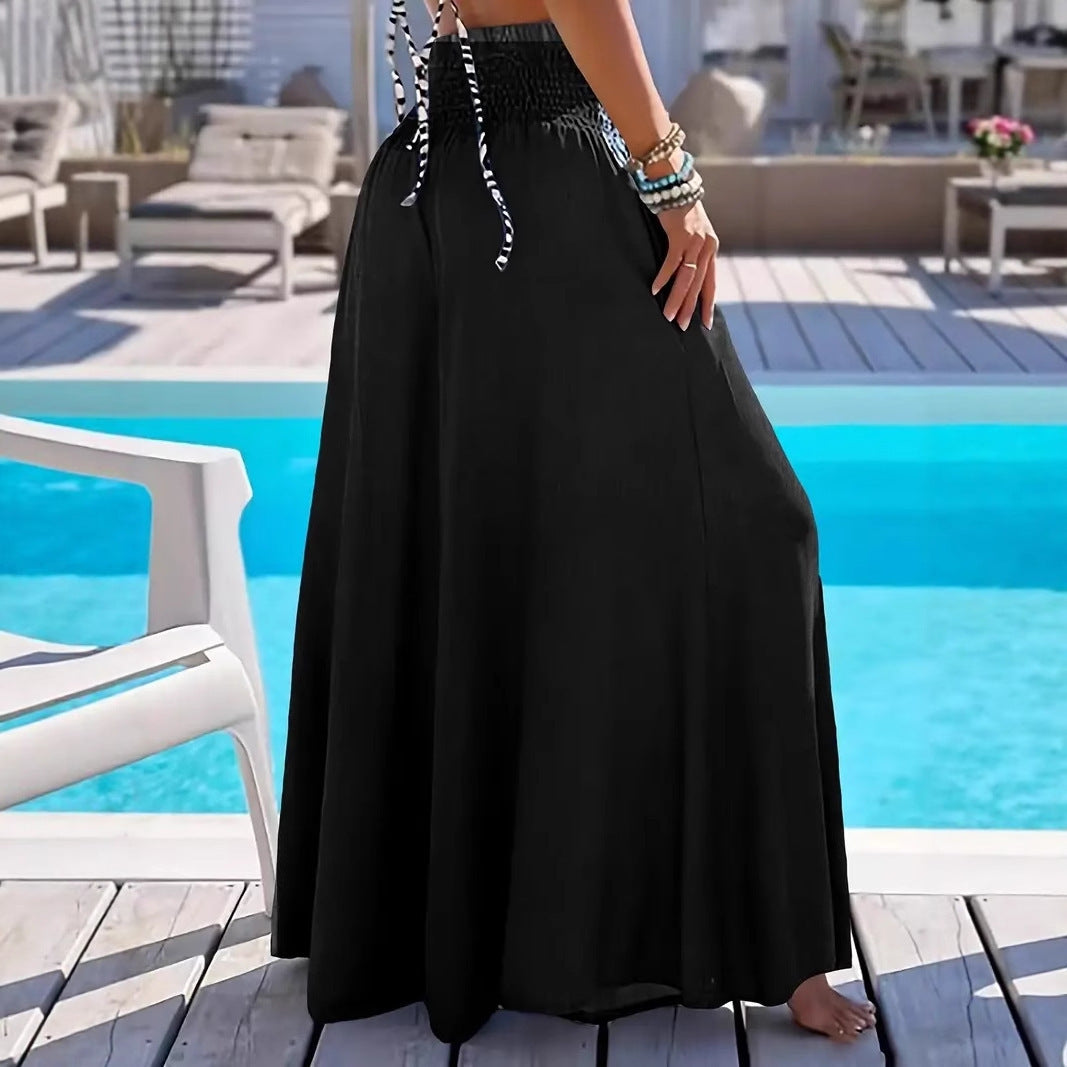 Solid Color High Waist Smocking Ice Silk Wide Leg Trousers