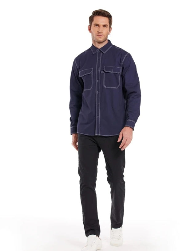 Chemise décontractée en lin à manches longues et col carré pour homme