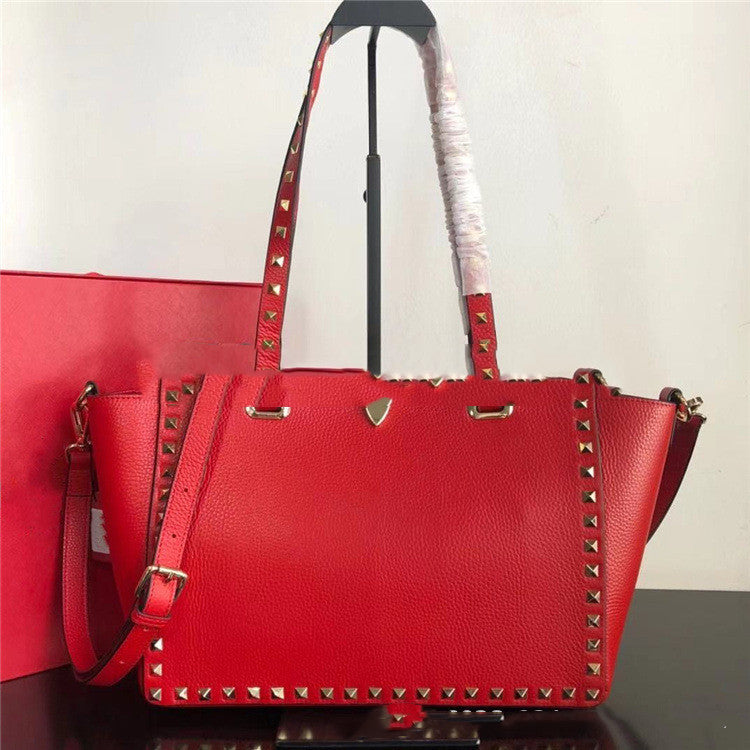 Large Leather Mommy Bag Cowhide Lychee Pattern Single-Shoulder Messenger Bag