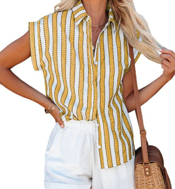 Loose Short Sleeve Striped Polyester Shirt