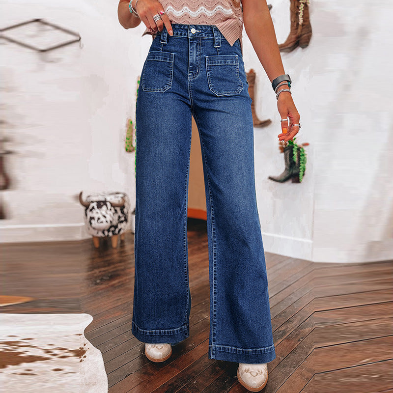 Pantalon droit femme taille haute bleu foncé style rétro