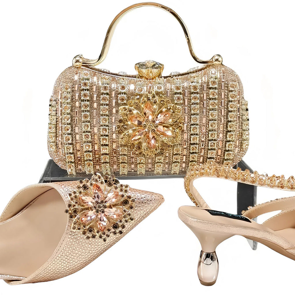 Sexy Women's High Heel Shoes and Bag Set with Rhinestones, Sizes 38-43