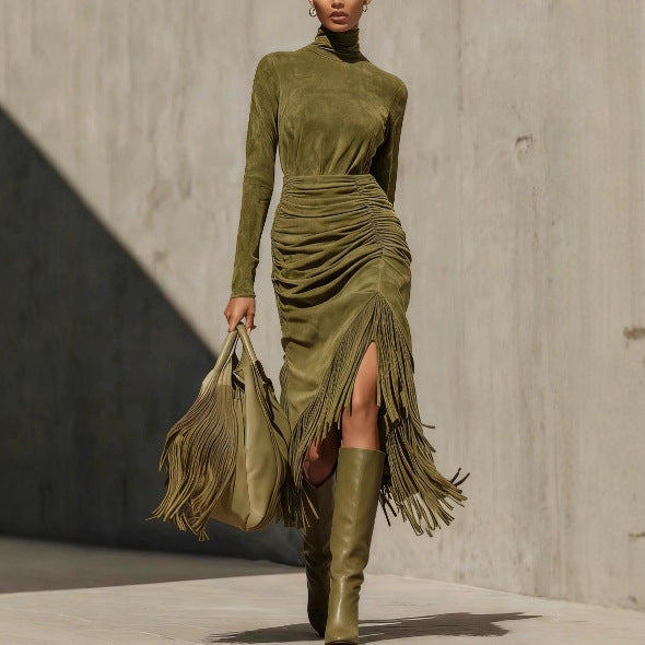 Robe à franges vert olive élégante pour femmes européennes et américaines