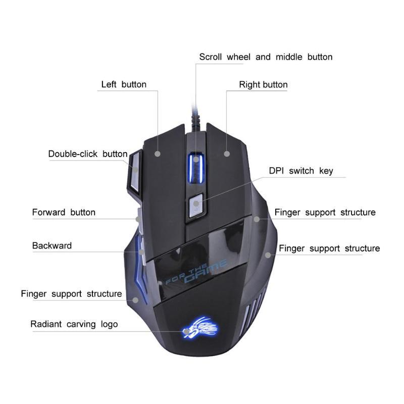 Wired 5500DPI Optical Gaming Mouse with 7-Color LED Backlight, 7 Buttons USB for PC Laptop Desktop