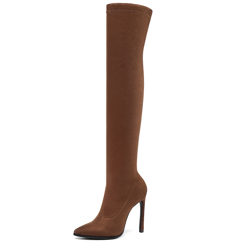 Bottes cuissardes en velours élastique à talons aiguilles
