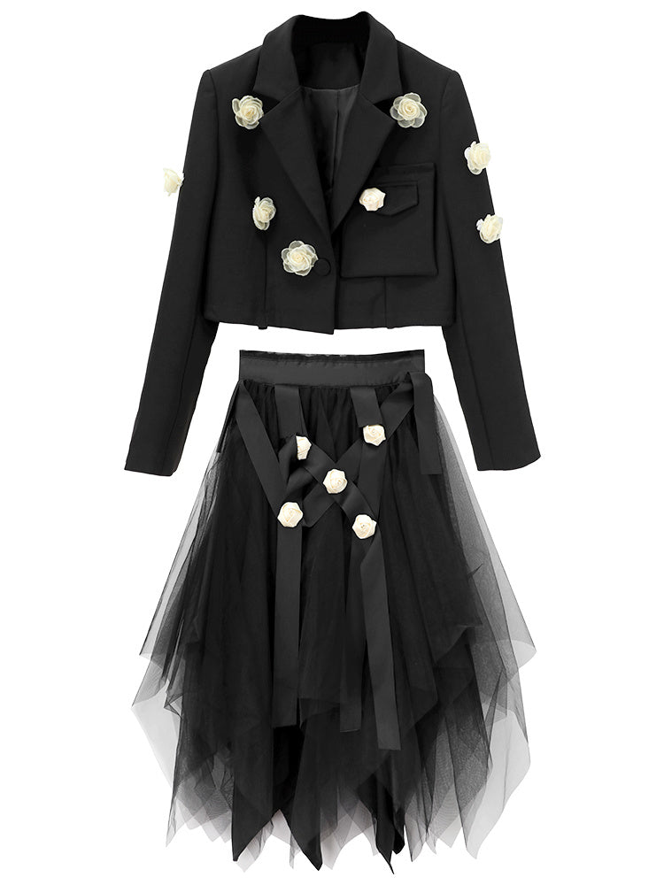 Two-Piece Black Women's Skirt Suit with V-Neck Coat and Irregular Puff Skirt, Sizes S-XL