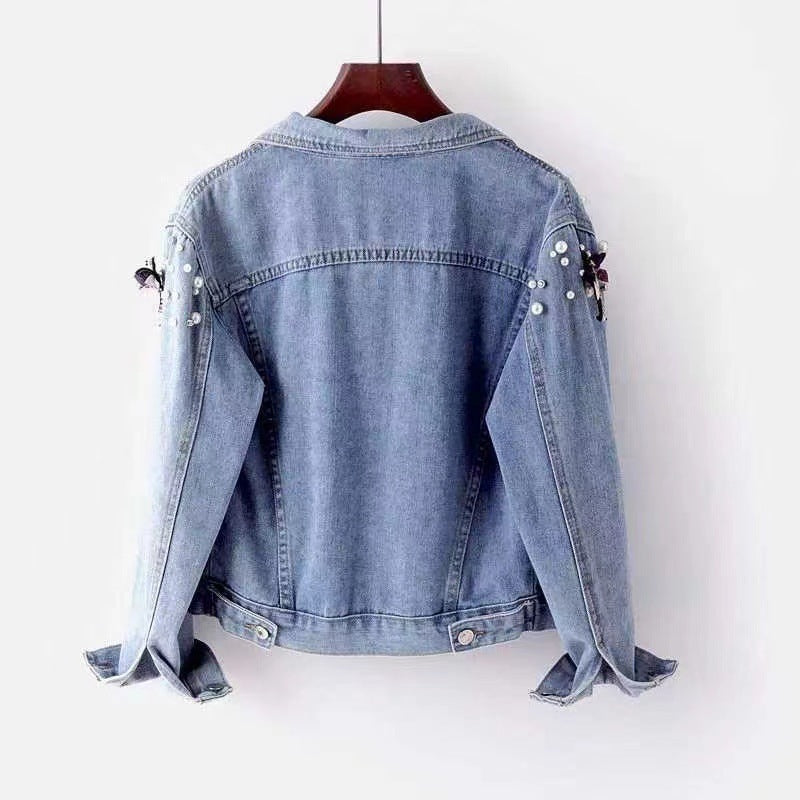 Veste en jean femme coupe slim style coréen, longueur courte, bleue