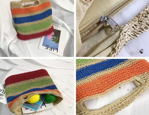 Rainbow Striped Large Capacity Rope Shoulder Bag 38x38x4cm
