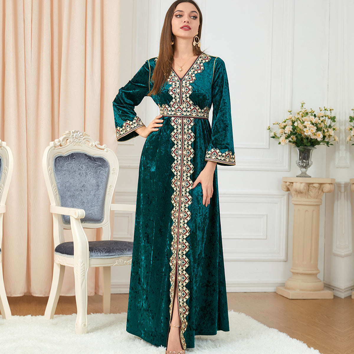 Robe en velours canari ample et ajustée à col en V et manches longues pour femme