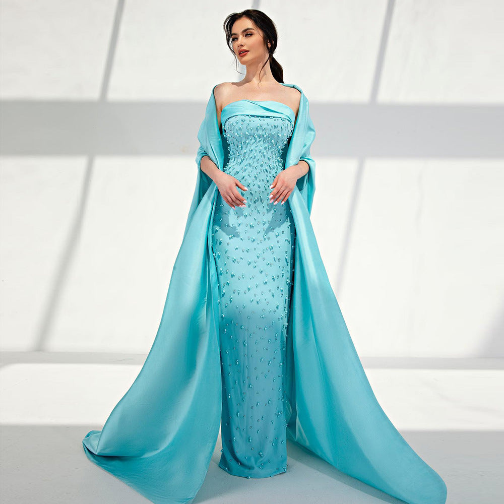 Robe de soirée à châle pailleté bleu pour femme