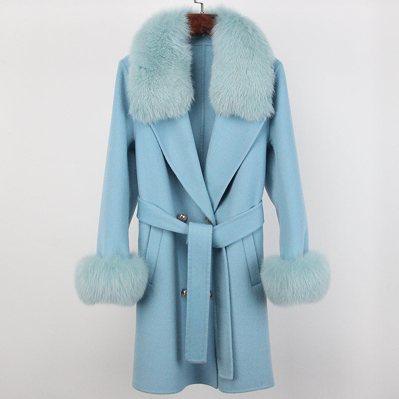Double-Faced Wool Overcoat Long Slim Fit with Fox Fur Collar