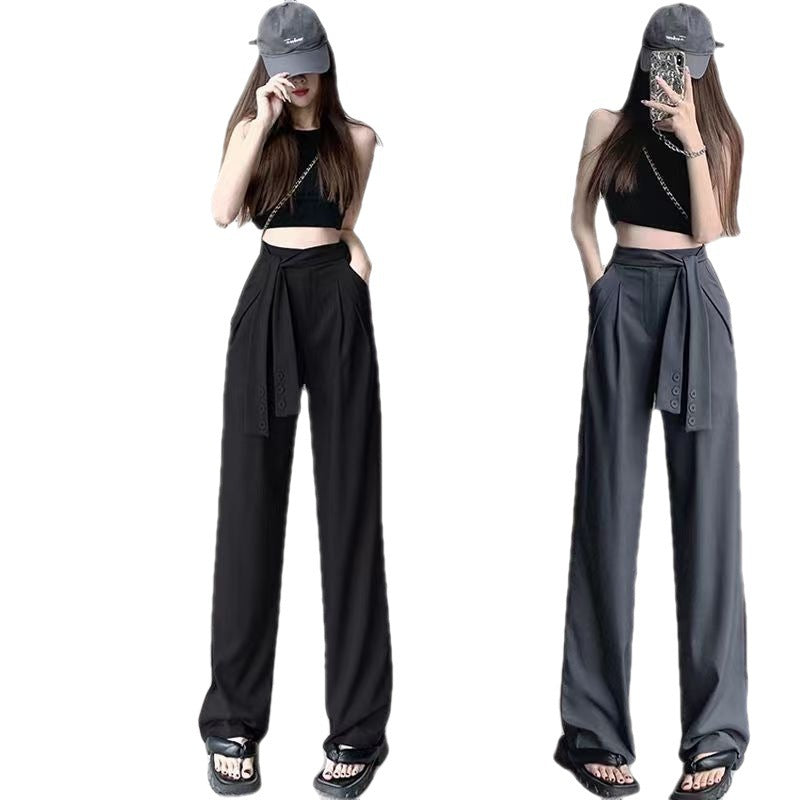 Gray Cotton Wide Leg Suit Pants for Women Lace-Up Drape
