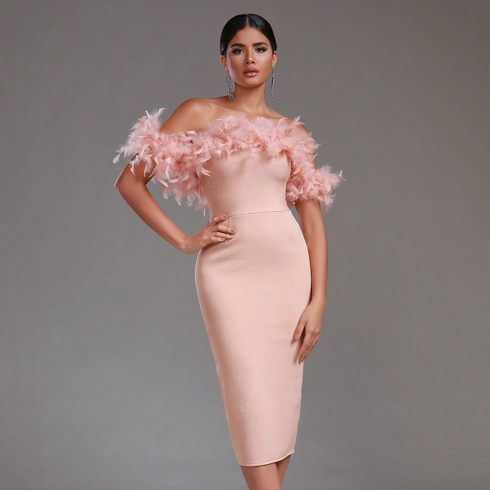 Off-Neck Feather Mid-Length Dress for Women