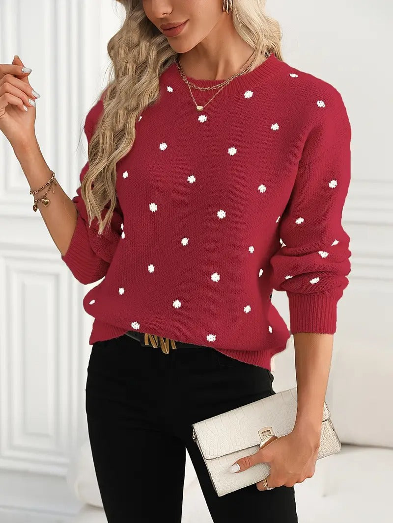 Polka Dot Print Pullover Sweater Long-Sleeve Casual Knit Top for Women
