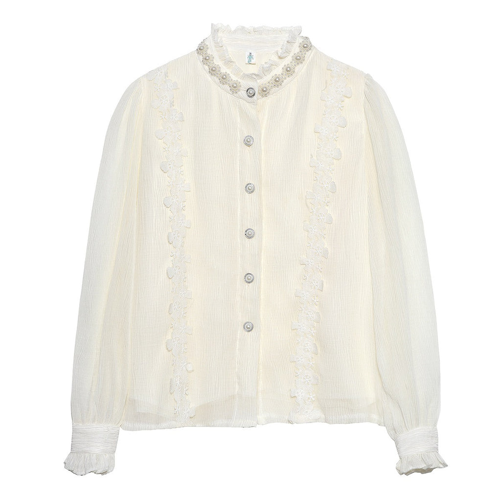 Apricot Pearl Lace Pleated Long Sleeve Shirt with Stand-Up Collar