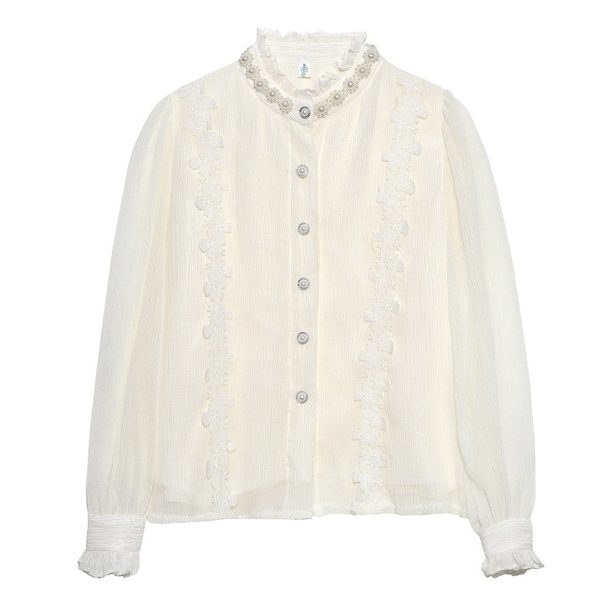 Apricot Pearl Lace Pleated Long Sleeve Shirt with Stand-Up Collar