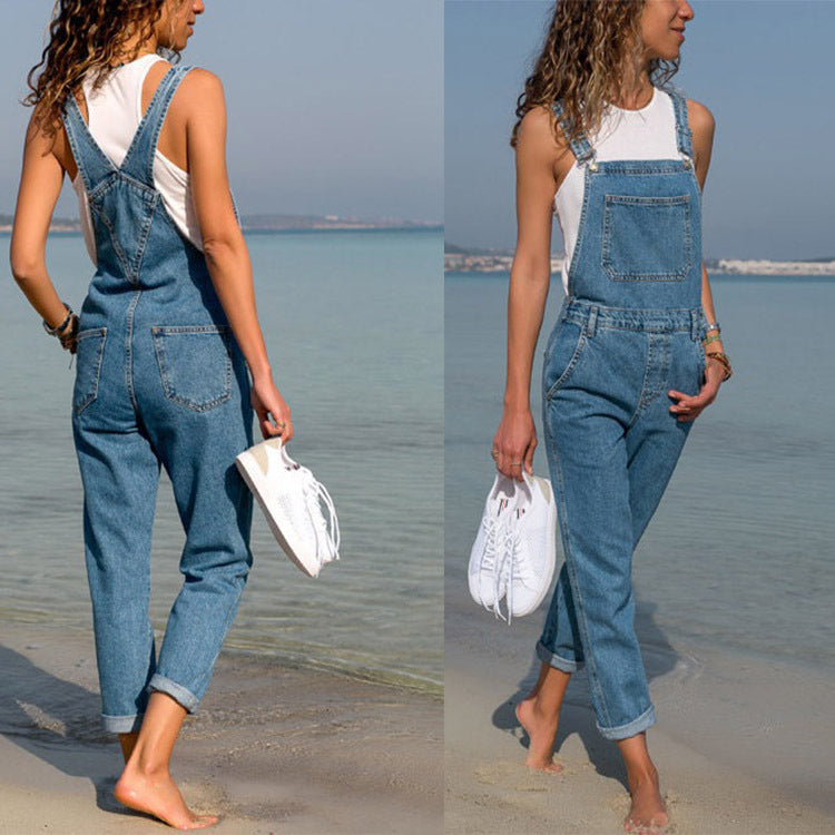 Women's solid color denim overalls