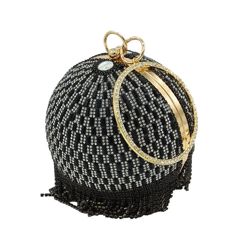 Small Round Tassel Tote Bag with Rhinestones and Chain Handle