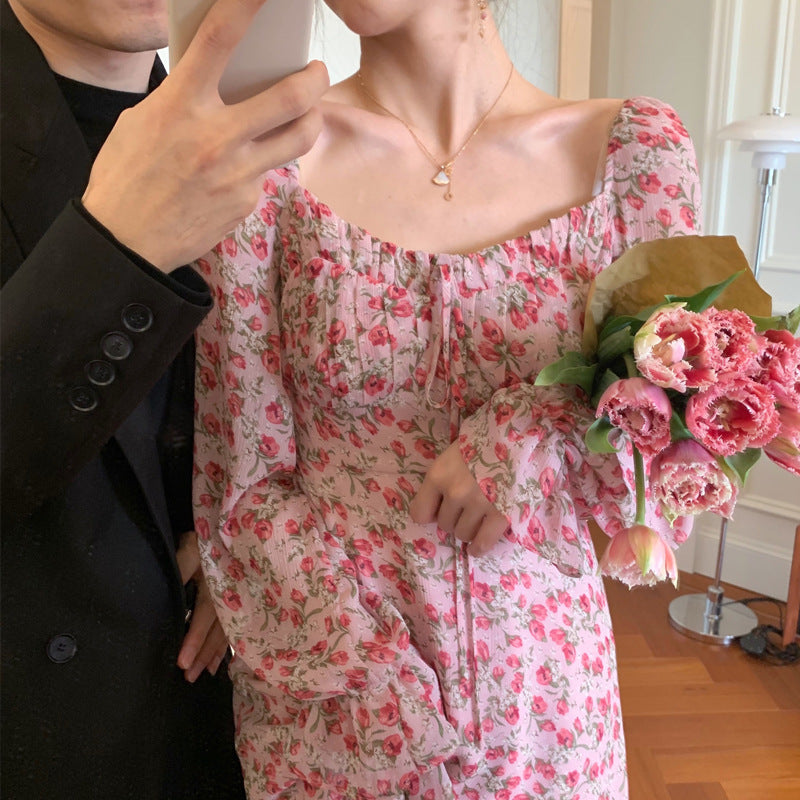 Vintage Floral Square Collar Long Dress