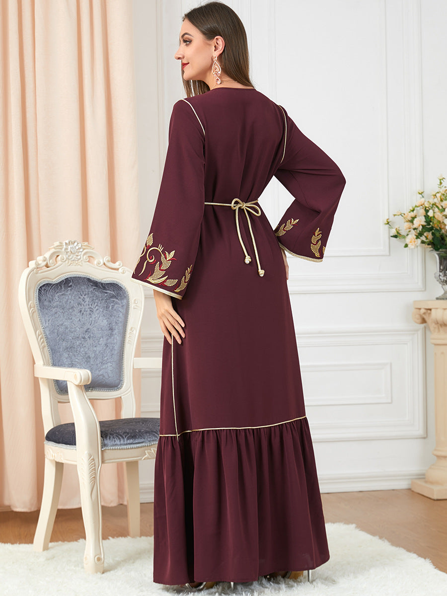 Robe arabe brodée pour femme, col rond, manches longues