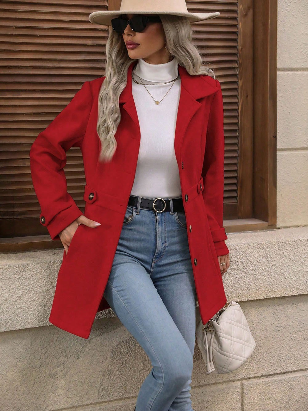 Elegant Single-Breasted Woolen Mid-Length Coat for Women with Buttons and Lapel