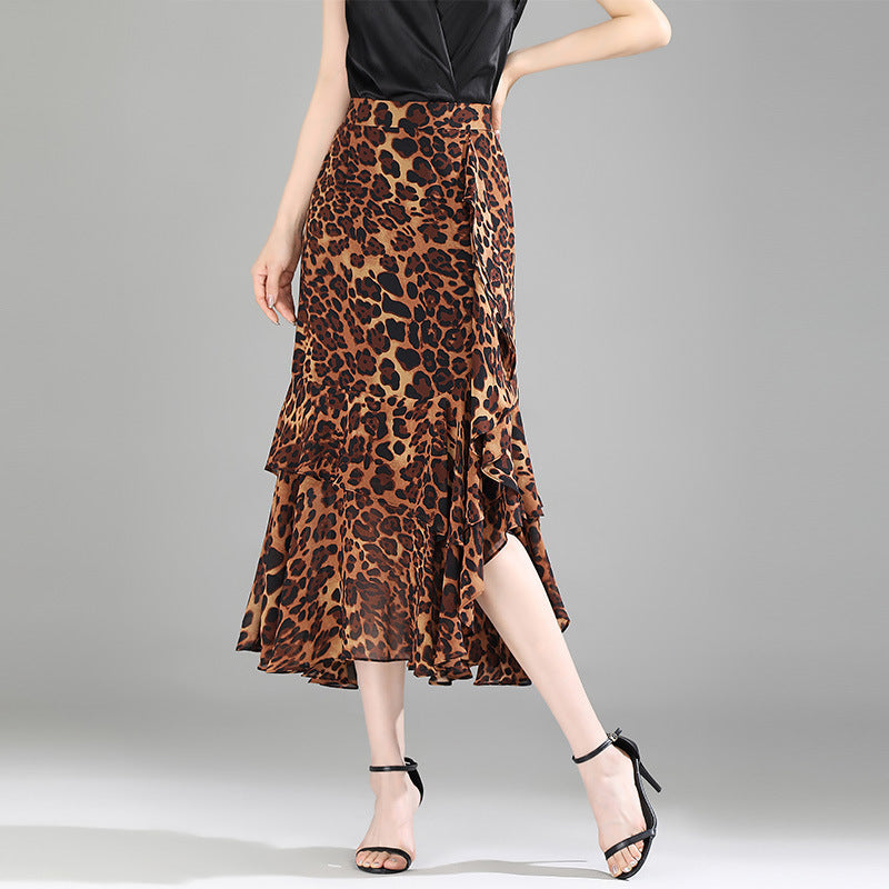 Leopard Print Ruffled Chiffon High Waist Asymmetric Skirt