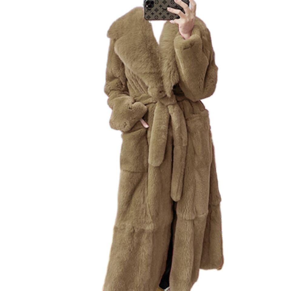 Women's Mid-Length Faux Rabbit Fur Coat – Urban Casual V-Neck