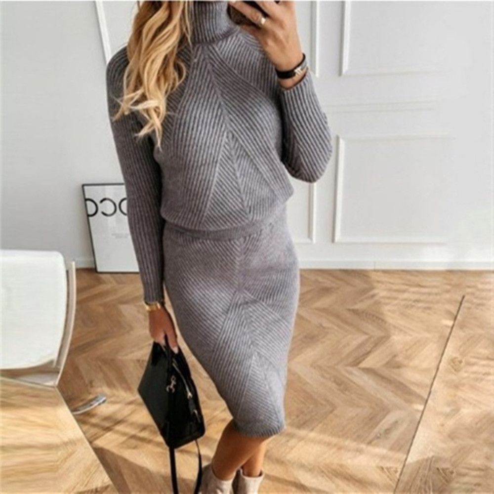 Pull col roulé tricoté de style européen et américain avec jupe chaude ajustée