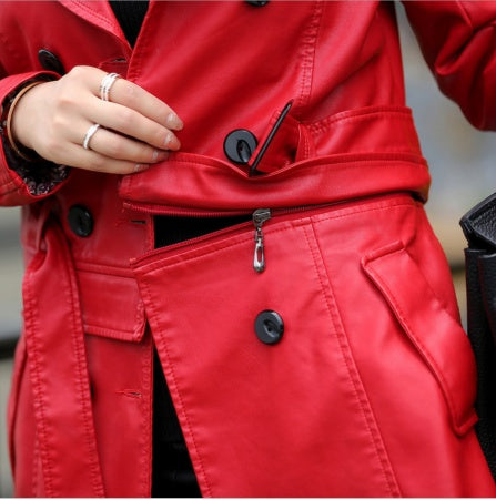 Slim-Fit PU Leather Trench Coat
