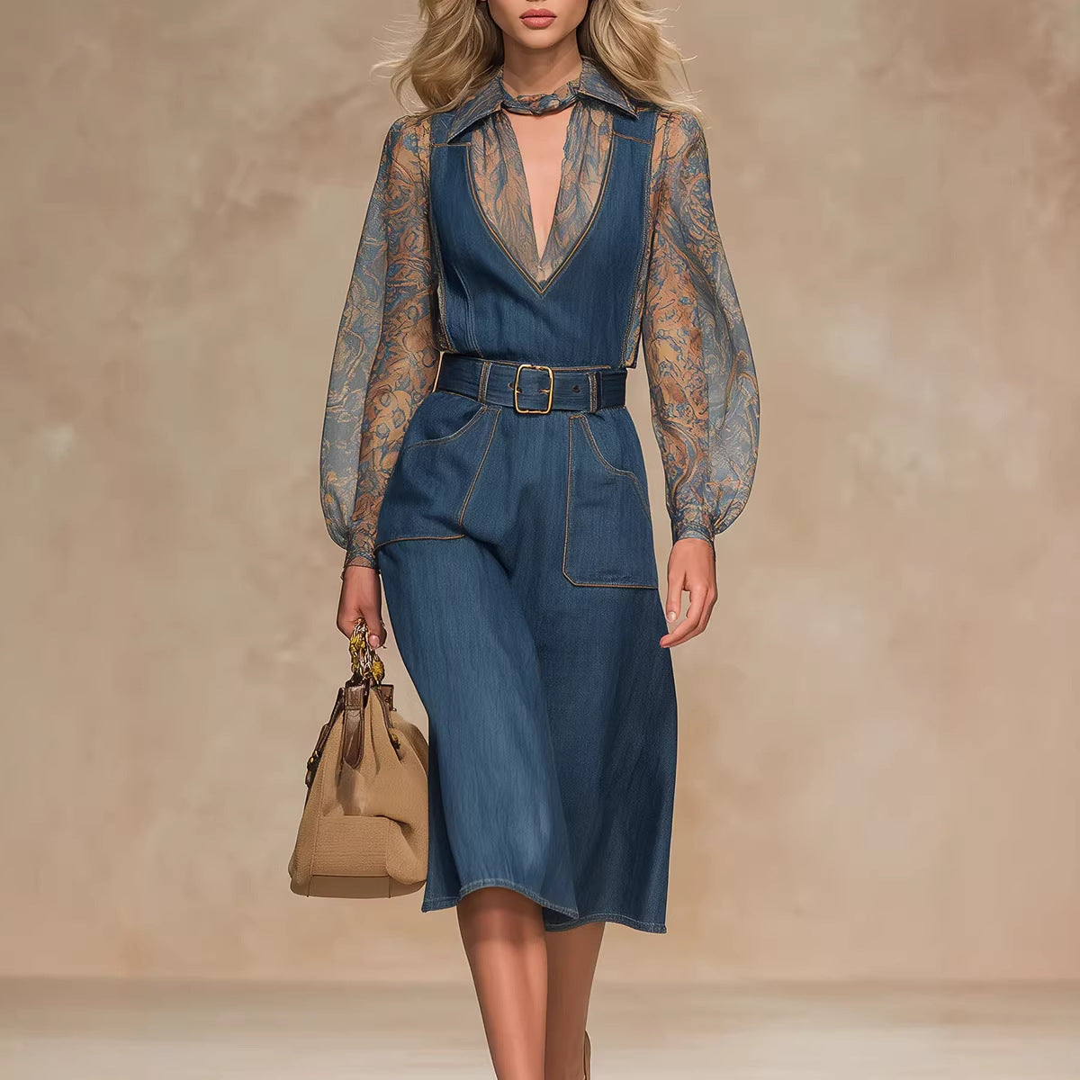 جمبسوت جينز أزرق نسائي بخصر عالٍ وقصة فضفاضة وجيوب كبيرة