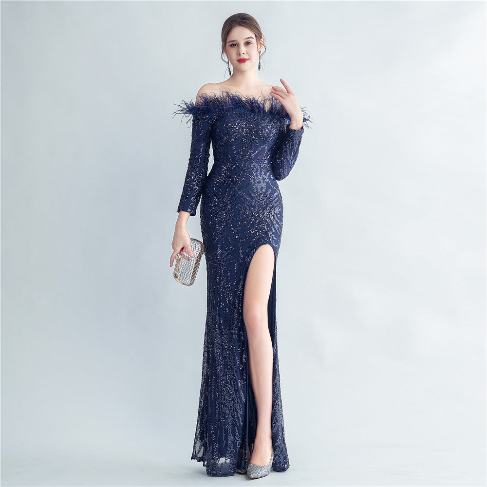 High-Density Ostrich Feather Sequin Off-Shoulder Long Sleeve Fishtail Evening Dress