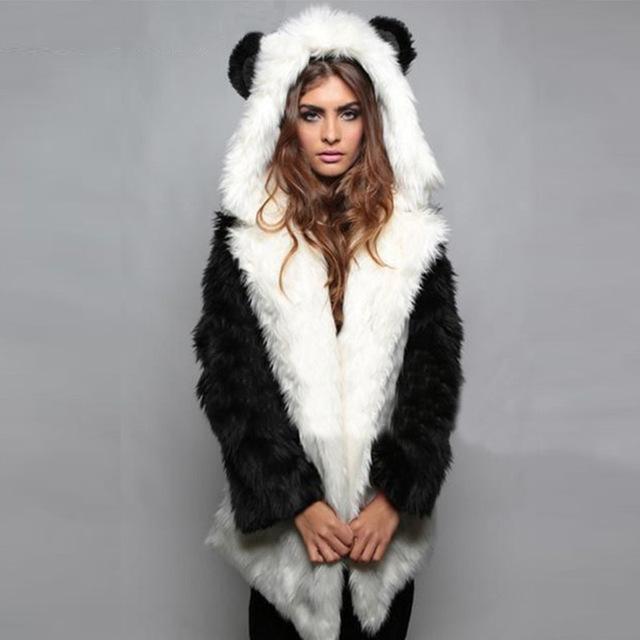 White Gray Black Plush Artificial Fur Coat in S-3XL