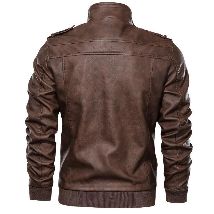 PU Leather Plain Hoodless Jacket with Vertical Collar and Zipper Front