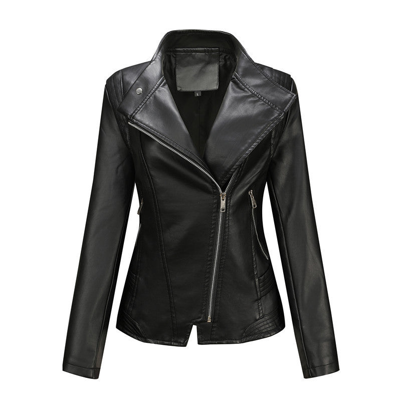 Manteau Femme en Cuir PU Uni Décontracté avec Fermeture Éclair