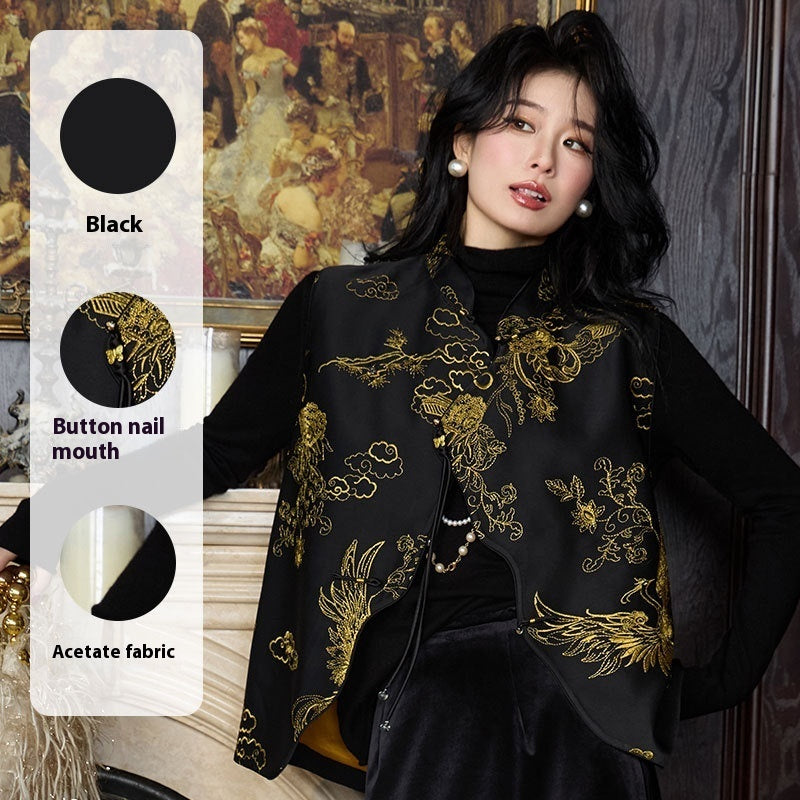 Autumn Retro Tang Suit Vest for Women in Black, Sizes M-XL