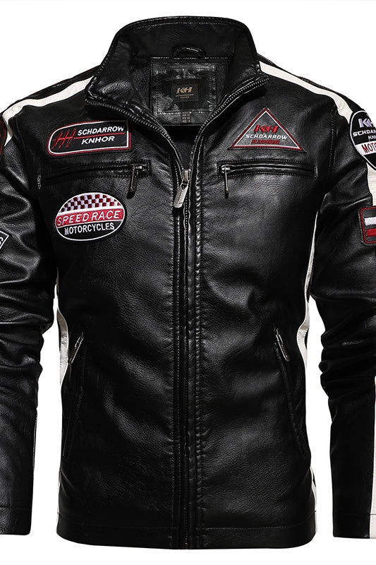 Men's Slim-Fit Short Embroidered PU Leather Jacket with Stand-Up Collar