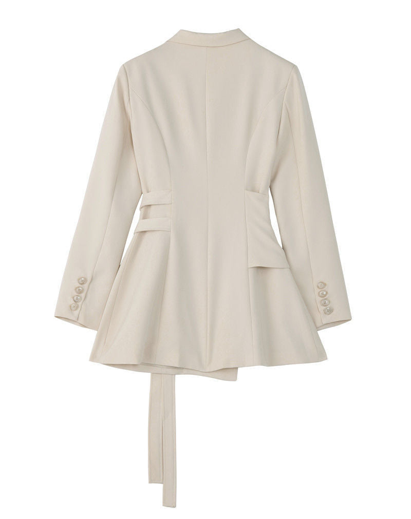 Women's Apricot Black Girdle Design Double-Breasted Blazer
