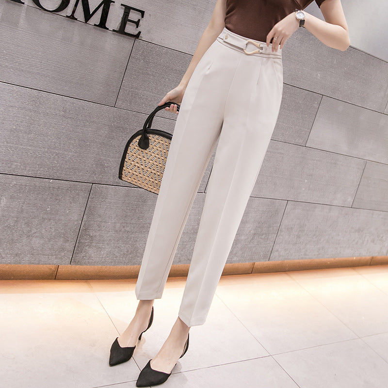 Women's High-Waist Slim Straight-Leg Cropped Casual Trousers