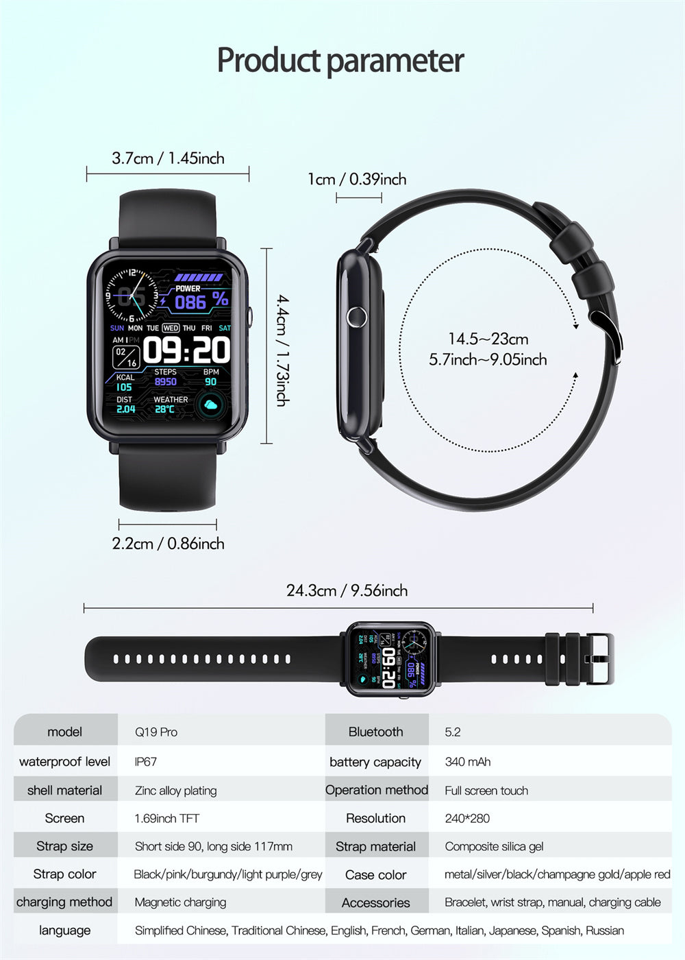 Smart Waterproof Watch IP67 Bluetooth 5.2 1.69" Touch Screen