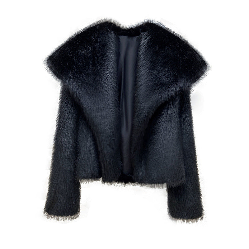 Women's Elegant Large Lapel Faux Fur Warm Coat in Black & Rice Apricot, Sizes S-XL