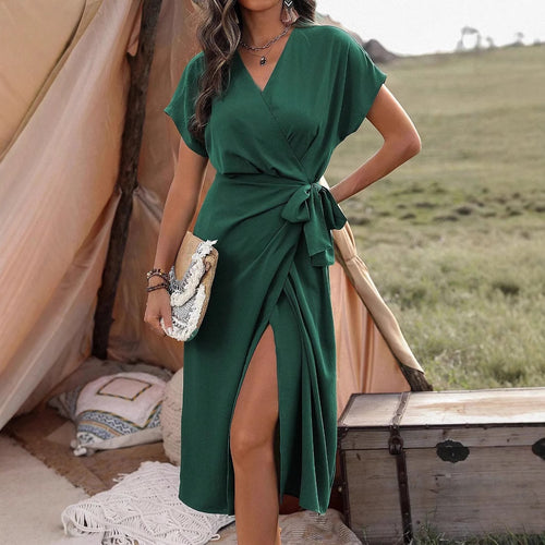 Robe portefeuille à bretelles de couleur unie pour femme, mi-longue, mode décontractée