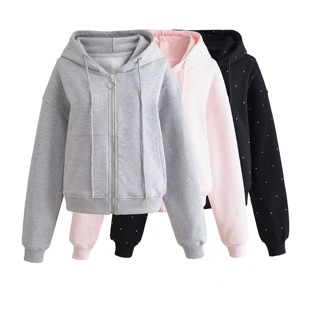 Gilet Cardigan Femme à Capuche avec Strass Étoilés et Cordons de Serrage