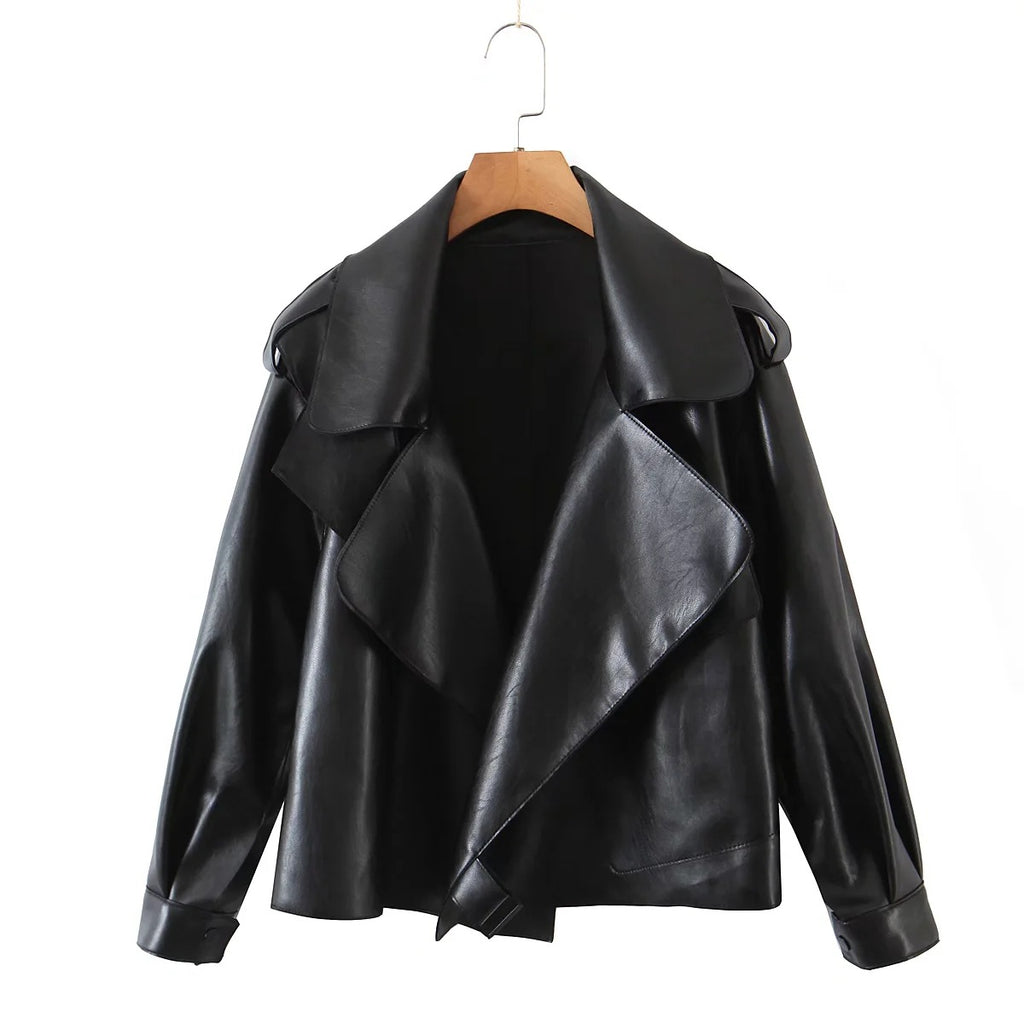 Blouson de moto en cuir synthétique avec revers pour femme – Court, élégant, séduisant
