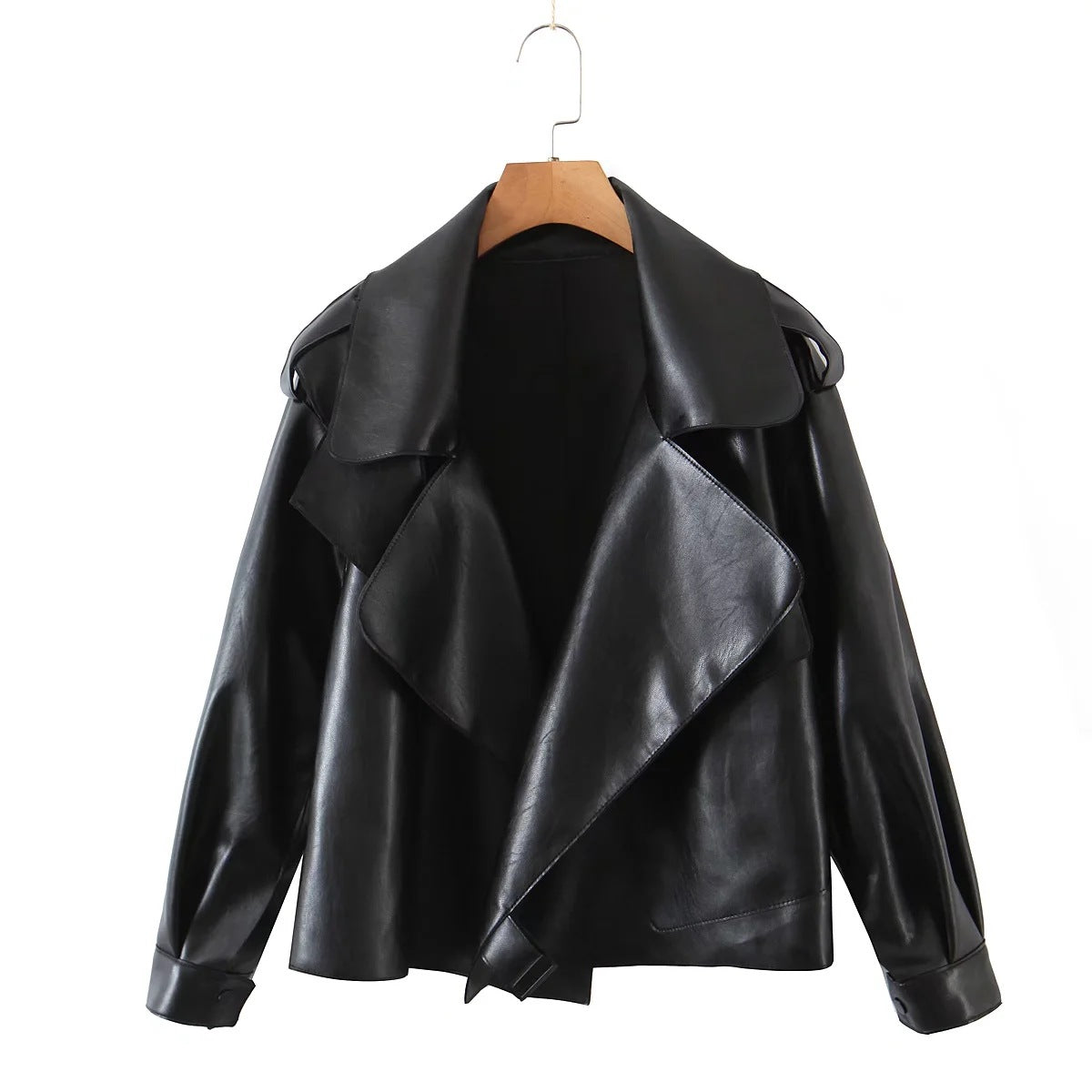 Lapel PU Leather Motorcycle Jacket for Women – Short, Stylish, Handsome