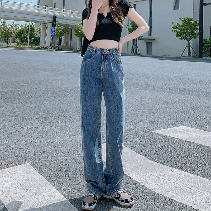 Women's Adjustable High Waist Straight Denim Jeans Loose Fit