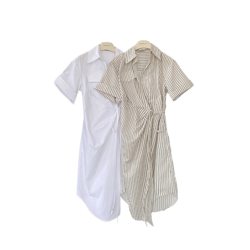 Women's Irregular Tie Side Slit Short Sleeve Lapel Cotton Shirt Dress