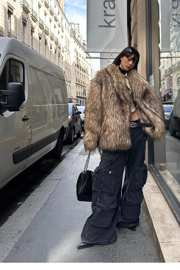 Women's Fur Coat Raccoon Fur Coat Brown Lapel Warm Furry Coat European And American Leisure